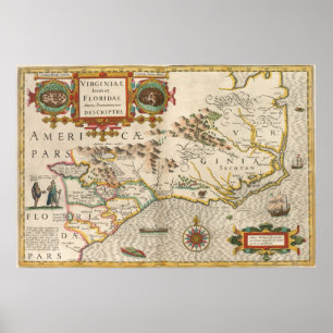 Póster Mapa de época de Carolina del Norte (1638)