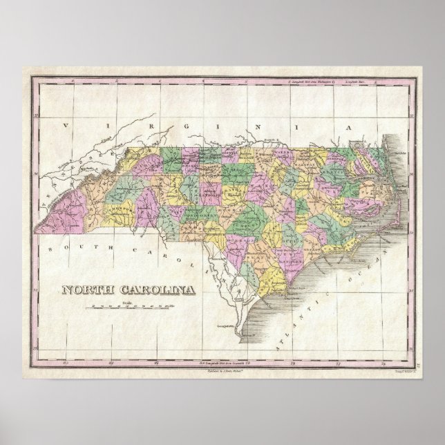 Póster Mapa de época de Carolina del Norte (1827) (Frente)
