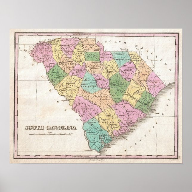 Póster Mapa de época de Carolina del Sur (1827) (Frente)
