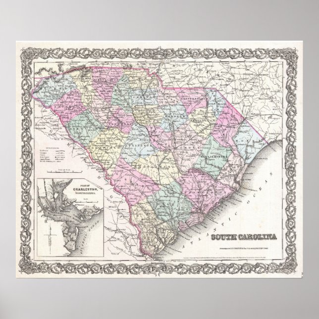 Póster Mapa de época de Carolina del Sur (1855) (Frente)