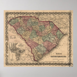 Póster Mapa de época de Carolina del Sur (1865)