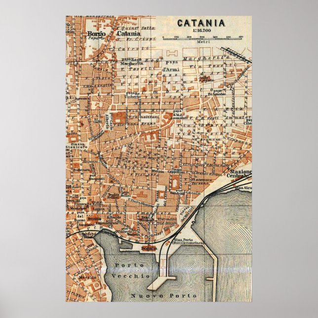 Póster Mapa de época de Catania Italia (1905) (Frente)
