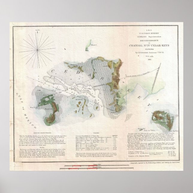 Póster Mapa de época de Cedar Key Florida (1852) (Frente)