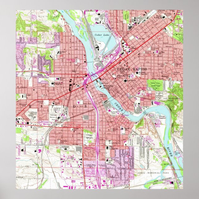 Póster Mapa de época de Cedar Rapids Iowa (1967) (Frente)