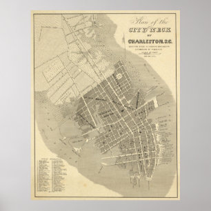 Póster Mapa de época de Charleston Carolina del Sur (1844