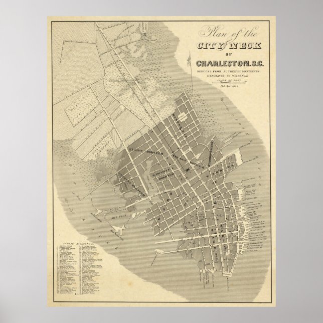 Póster Mapa de época de Charleston Carolina del Sur (1844 (Frente)