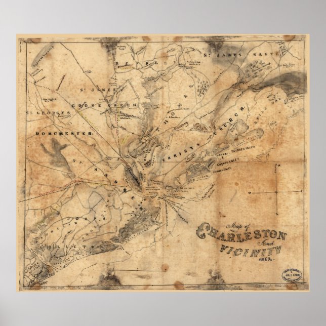Póster Mapa de época de Charleston Carolina del Sur (1862 (Frente)