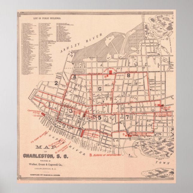 Póster Mapa de época de Charleston Carolina del Sur (1890 (Frente)