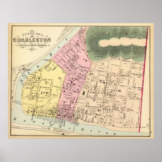 Póster Mapa de época de Charleston West Virginia (1873) (Frente)