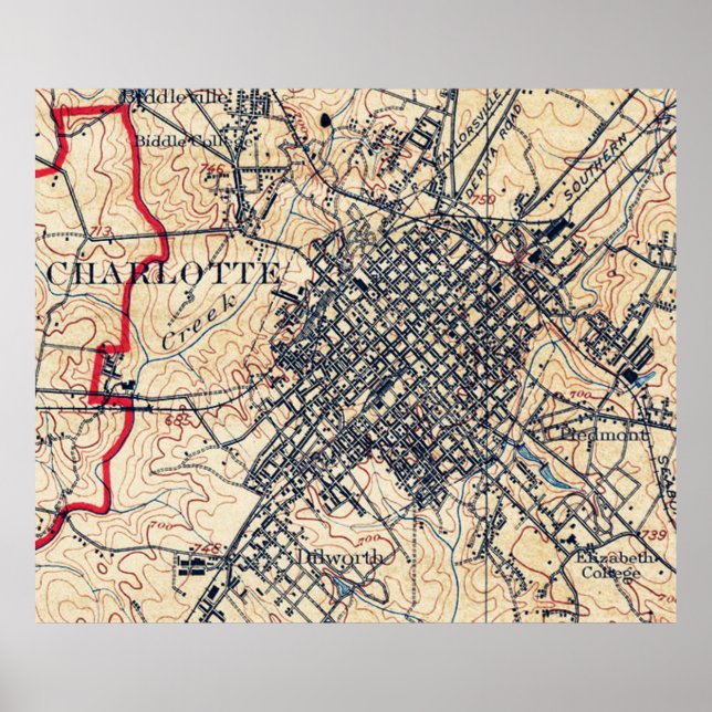 Póster Mapa de época de Charlotte Carolina del Norte (190 (Frente)