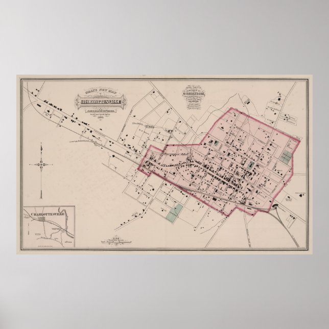 Póster Mapa de época de Charlottesville VA (1877) (Frente)