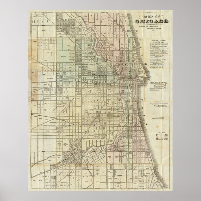 Póster Mapa de época de Chicago (1857) (Frente)