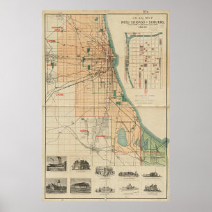 Póster Mapa de época de Chicago Illinois (1889)