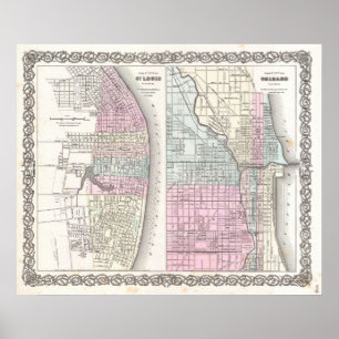 Póster Mapa de época de Chicago y St. Louis (1855)