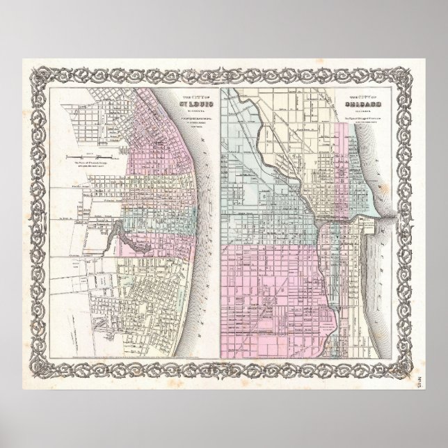Póster Mapa de época de Chicago y St. Louis (1855) (Frente)