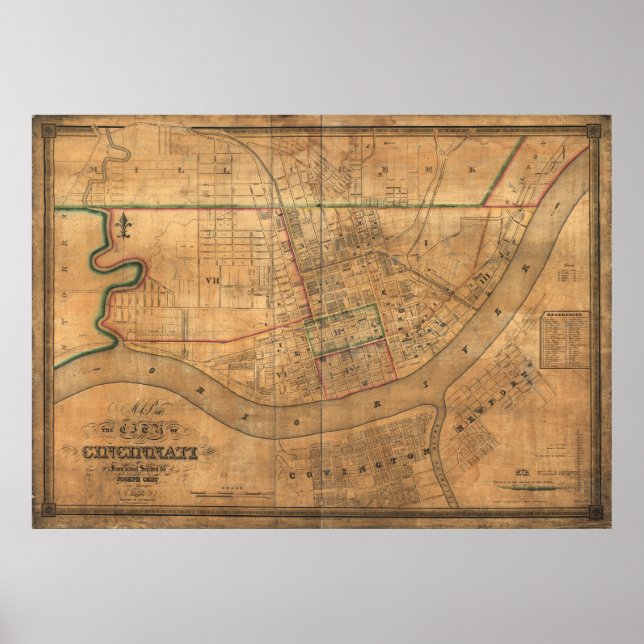 Póster Mapa de época de Cincinnati Ohio (1838) (Frente)