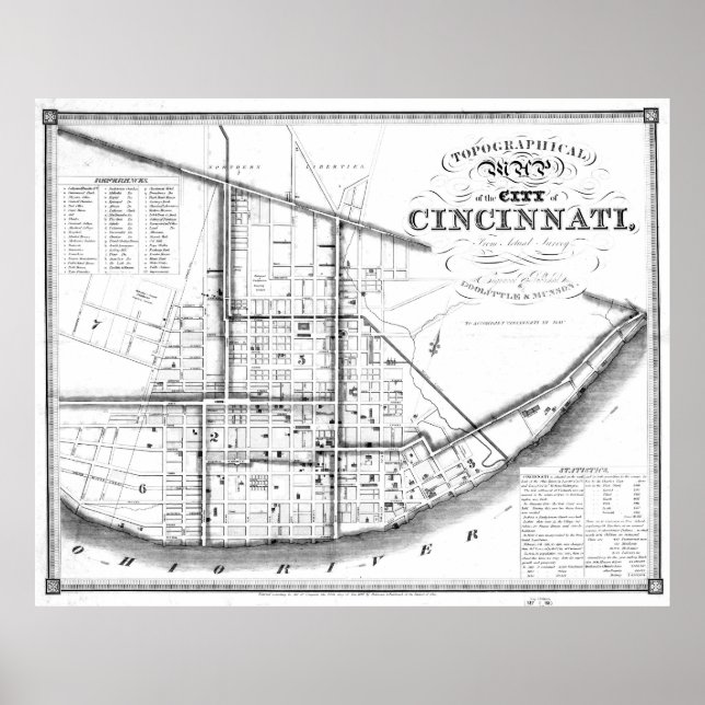 Póster Mapa de época de Cincinnati Ohio (1841) BW (Frente)