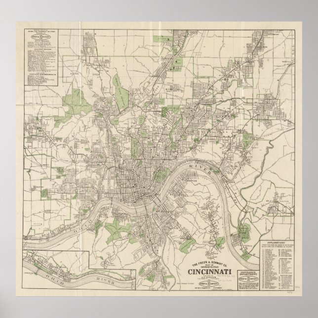 Póster Mapa de época de Cincinnati Ohio (1915) (Frente)
