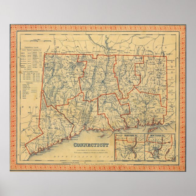Póster Mapa de época de Connecticut (1846) (Frente)