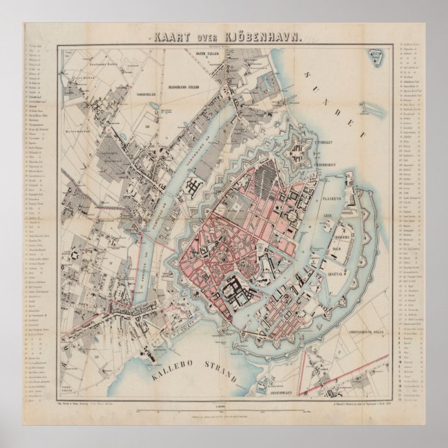 Póster Mapa de época de Copenhague Dinamarca (1860) (Frente)