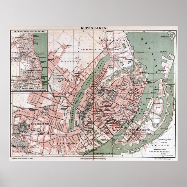 Póster Mapa de época de Copenhague Dinamarca (1888)