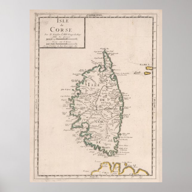 Póster Mapa de época de Córcega Francia (1697) (Frente)
