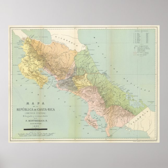 Póster Mapa de época de Costa Rica (1889) (Frente)