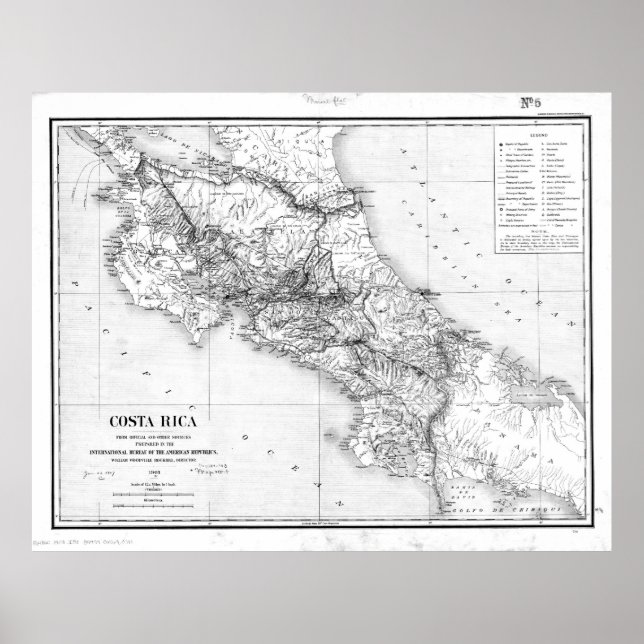 Póster Mapa de época de Costa Rica (1903) BW (Frente)
