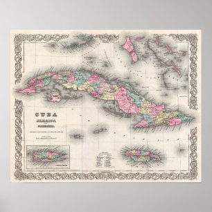 Póster Mapa de época de Cuba, Jamaica, Puerto Rico