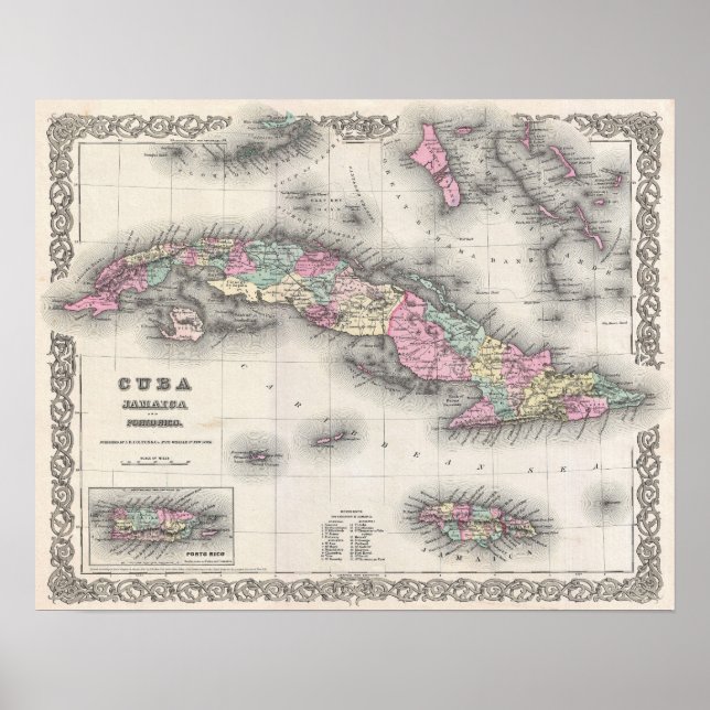 Póster Mapa de época de Cuba, Jamaica, Puerto Rico (Frente)