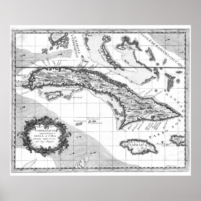 Póster Mapa de época de Cuba y Jamaica (1763) BW (Frente)