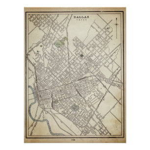 Póster Mapa de época de Dallas, TX (1890)