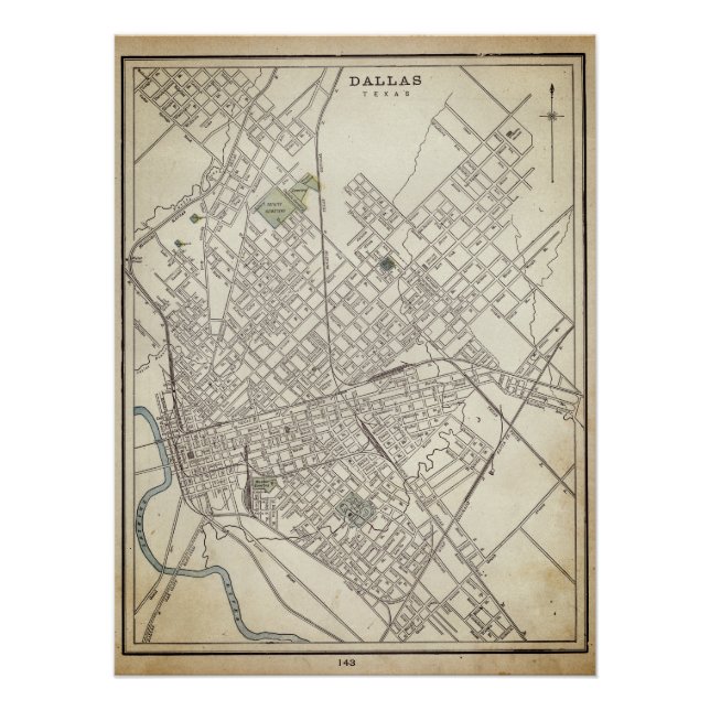 Póster Mapa de época de Dallas, TX (1890) (Anverso)