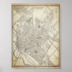 Póster Mapa de época de Dallas, TX (1890)