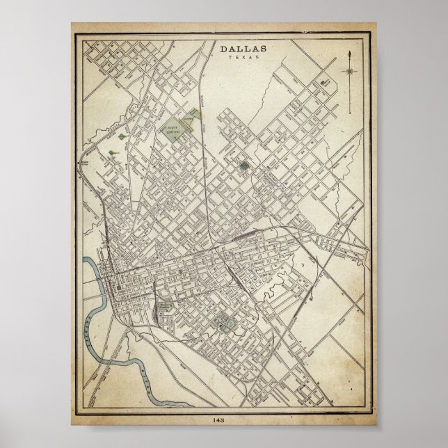 Póster Mapa de época de Dallas, TX (1890) (Frente)