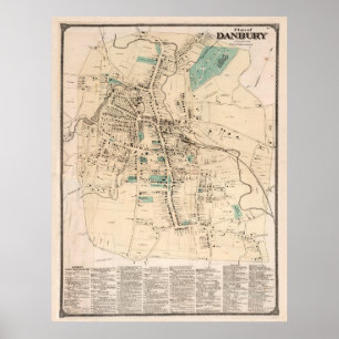 Póster Mapa de época de Danbury Connecticut (1867)