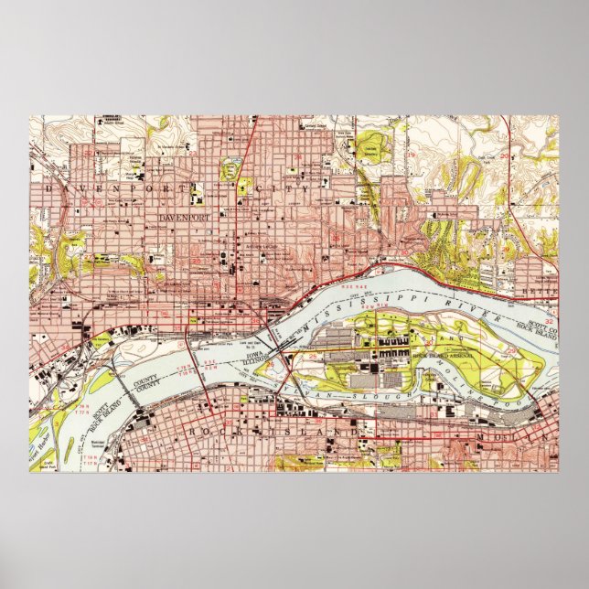 Póster Mapa de época de Davenport Iowa (1953) (Frente)