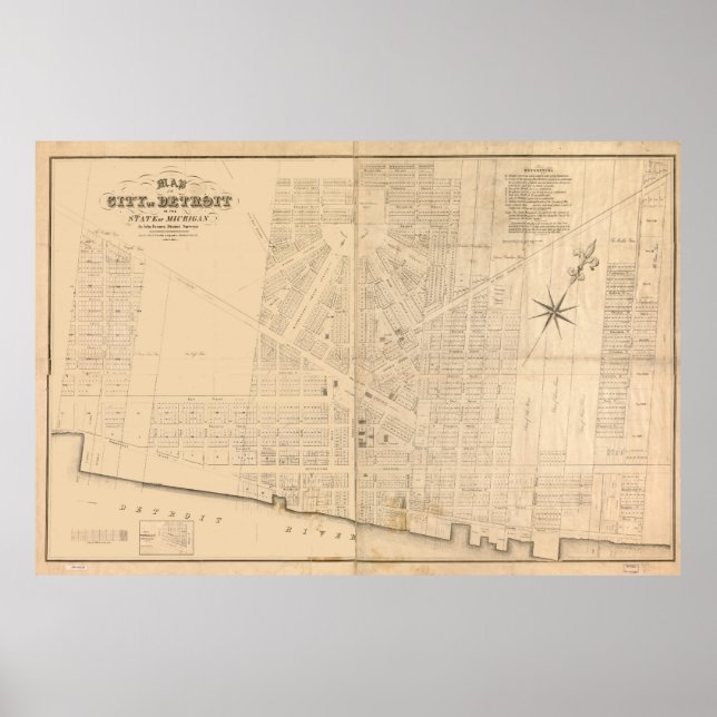 Póster Mapa de época de Detroit MI (1835) (Frente)