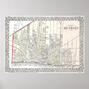 Póster Mapa de época de Detroit Michigan (1872)