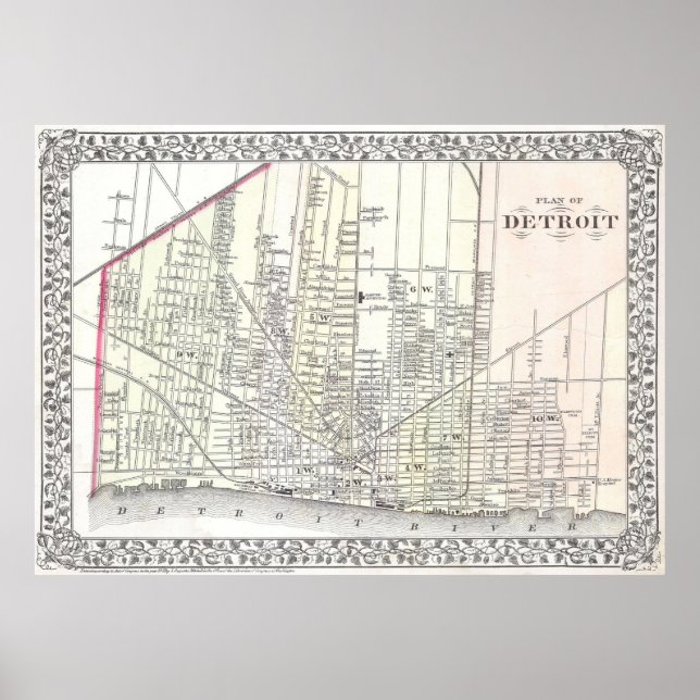 Póster Mapa de época de Detroit Michigan (1872) (Frente)