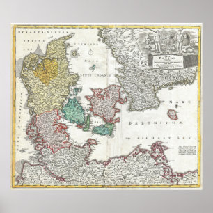 Póster Mapa de época de Dinamarca (1730)
