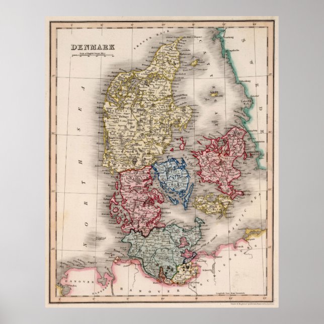 Póster Mapa de época de Dinamarca (1838) (Frente)