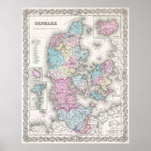 Póster Mapa de época de Dinamarca (1855)