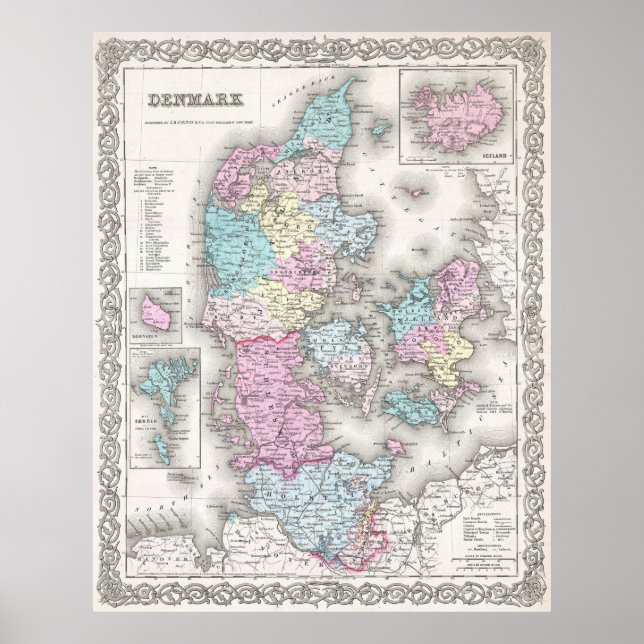 Póster Mapa de época de Dinamarca (1855) (Frente)