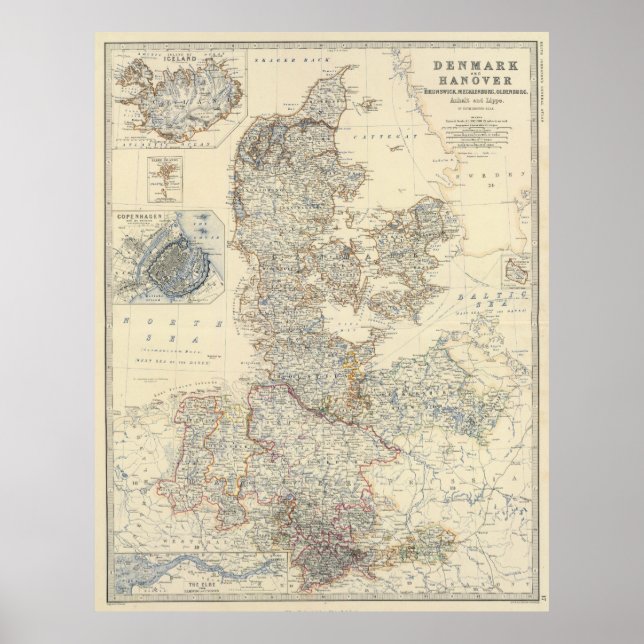 Póster Mapa de época de Dinamarca (1861) (Frente)