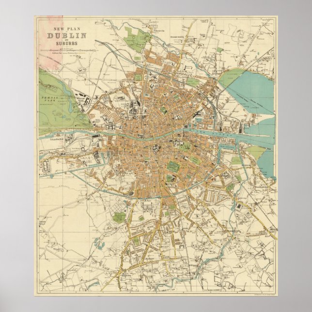 Póster Mapa de época de Dublín Irlanda (1914) (Frente)