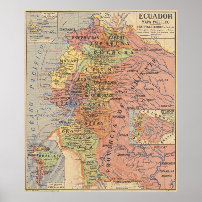 Póster Mapa de época de Ecuador (1913) (Frente)