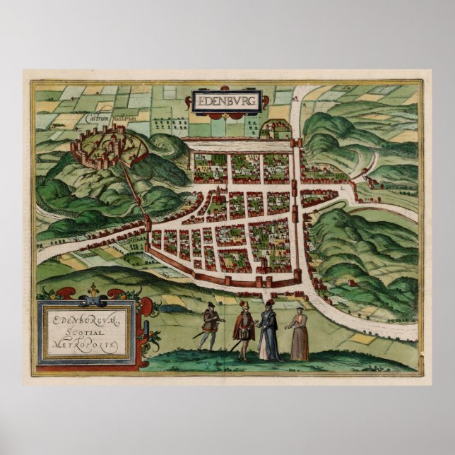 Póster Mapa de época de Edimburgo Escocia (1580) (Frente)