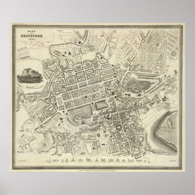Póster Mapa de época de Edimburgo Escocia (1844) (Frente)