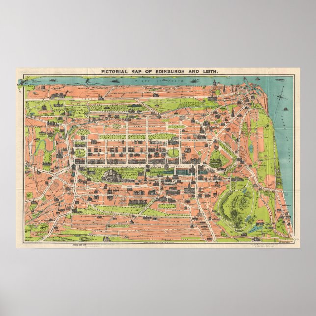 Póster Mapa de época de Edimburgo Escocia (1935) (Frente)